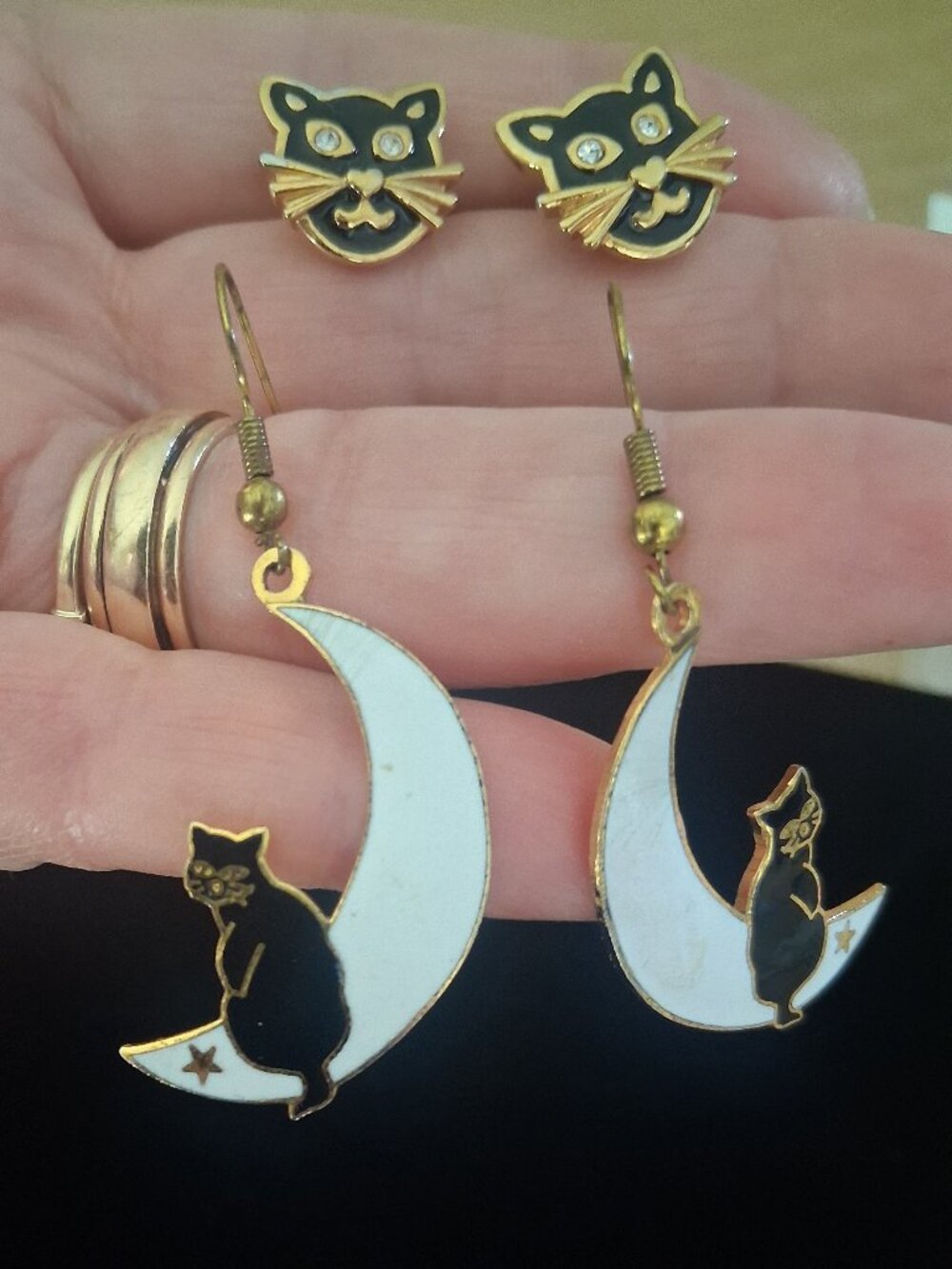 NWOT Vintage Black Cat Earring Set: Avon Studs & Celestial Moon Dangles